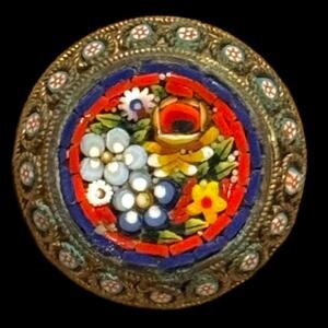 Vintage Italy Micro Mosaic Pin Round Brooch Pin Flower Metal Frame,